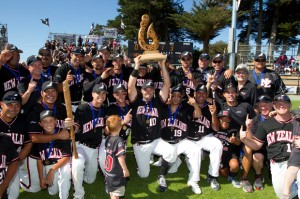 The Black Sox celebrate after their 4-1 win against Venezuela in the final of the men's world softball championships at Rosedale Park, Albany, yesterday. (photo, Photo: Brett Phibbs, New Zealand Herald, click to enlarge)