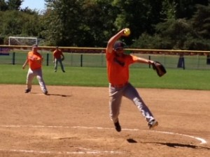Shane Adler, Most Valuable Pitcher in the tournament, shown here pitching against runner-up Roseville Eagles. (photo courtesy of Kary Moore)